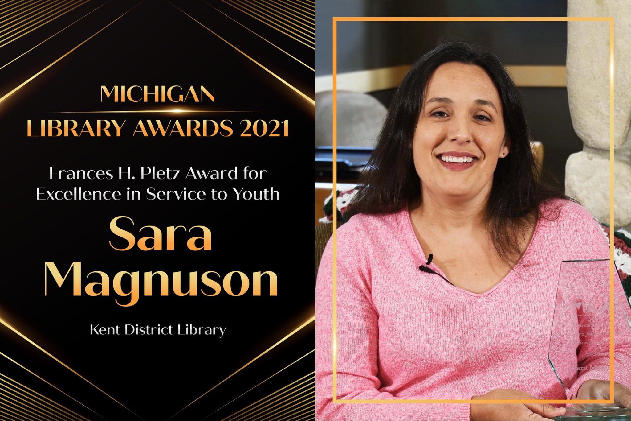 SIS alumna Sara Magnuson is pictured with her Michigan Library Association award