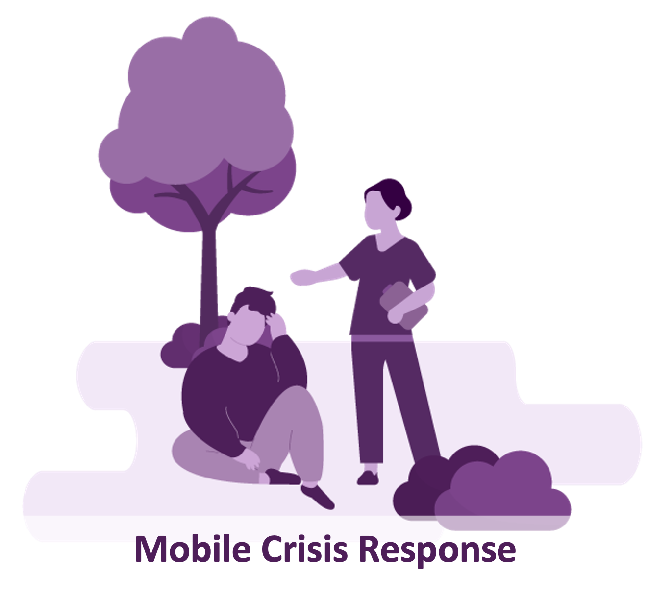  illustration showing a clinician responding to someone in crisis in the community, reads 'mobile crisis response