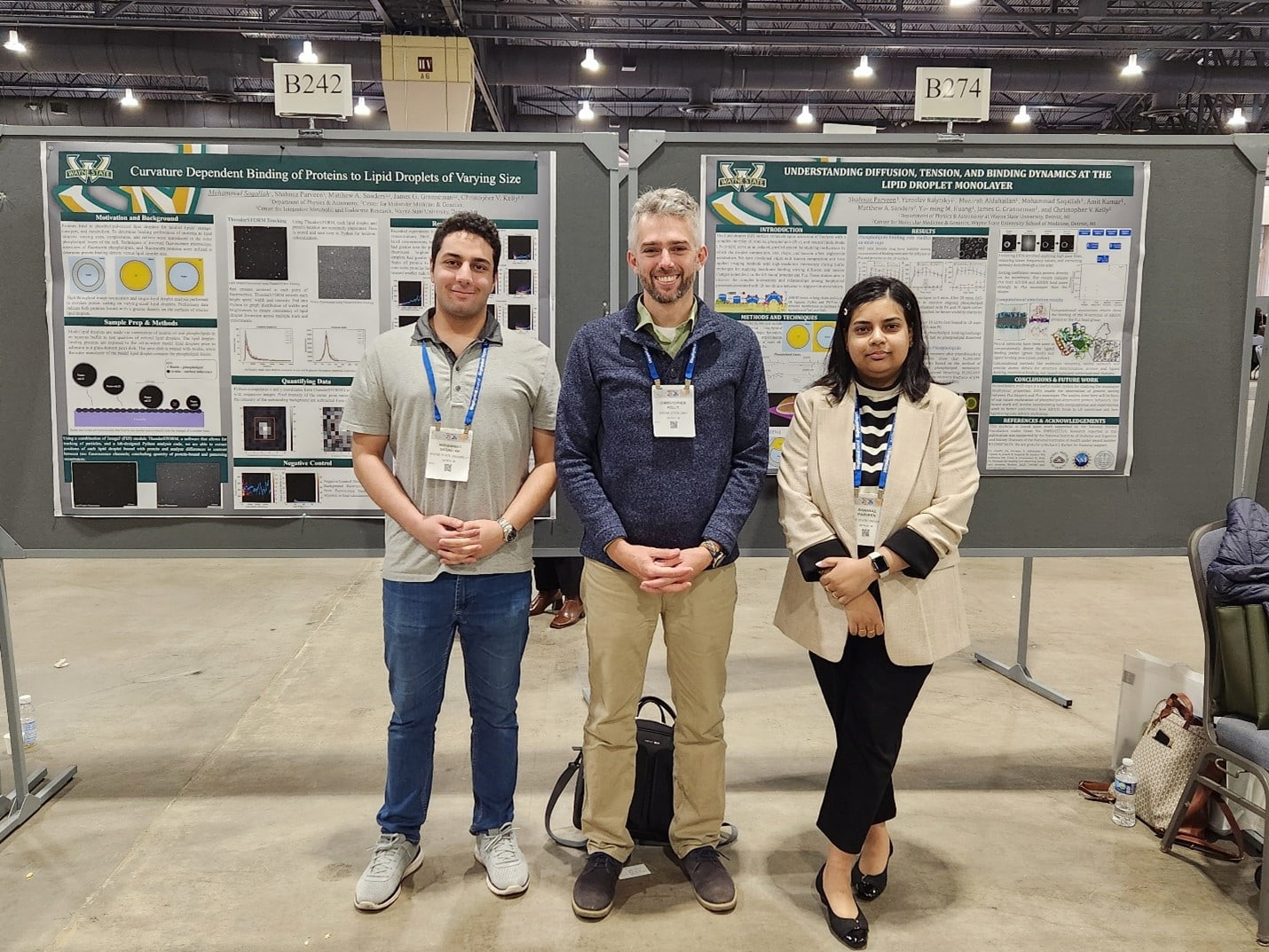 From left to right, Mohammad Saqallah (Biomedical Physics major), Prof. Christopher Kelly, and Shahnaz Parveen (Physics Ph.D. student) posing in front of their posters at the 2024 Biophysical Society Annual Meeting in Philadelphia.