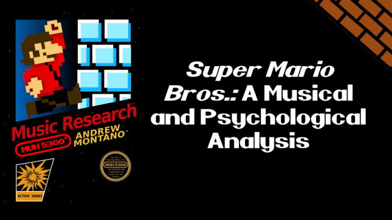 The cover tile of Andrew Montano's “Super Mario Bros.: A musical and psychological analysis,” is seen with a Super Mario jumping in the top left corner.