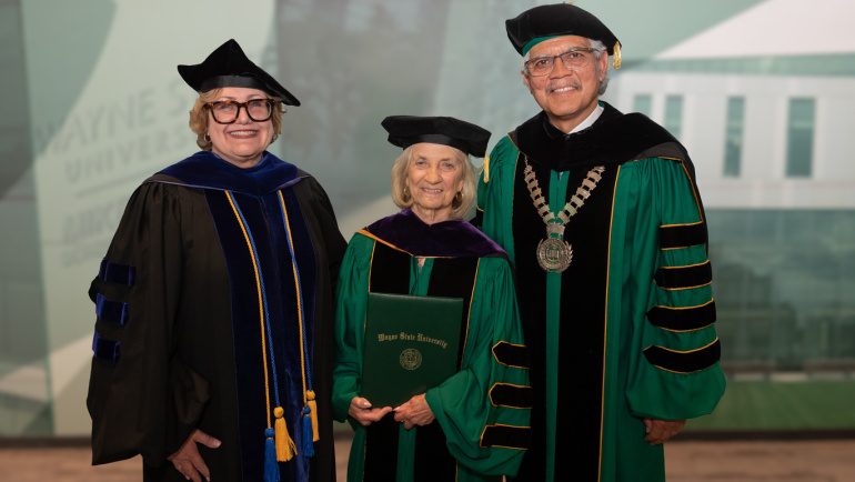 Detroit entrepreneur and philanthropist Marian Ilitch received an honorary degree from Wayne State University during a ceremony that included remarks from Virginia Kleist, dean of the Mike Ilitch School of Business, and WSU President M. Roy Wilson.