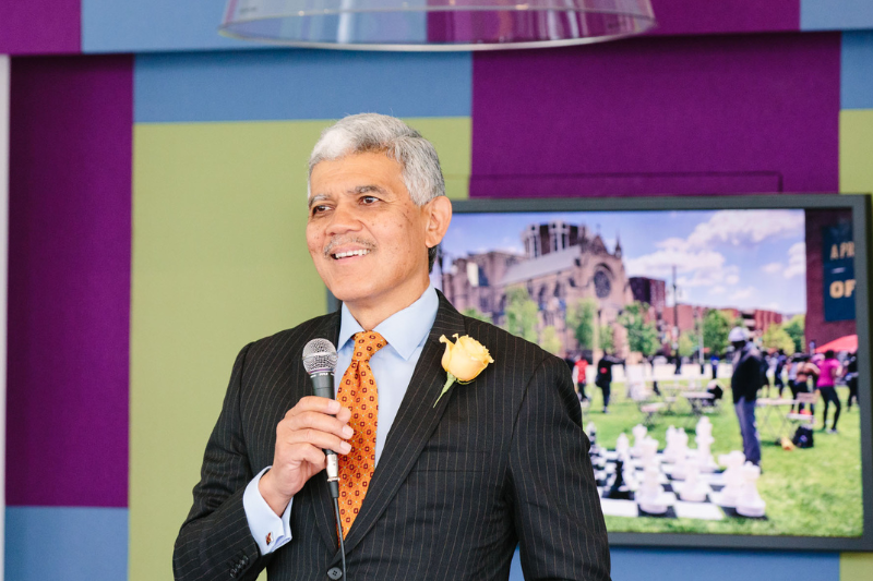  President Wilson speaks at the grand opening of Woodward | Warren Park in 2019.