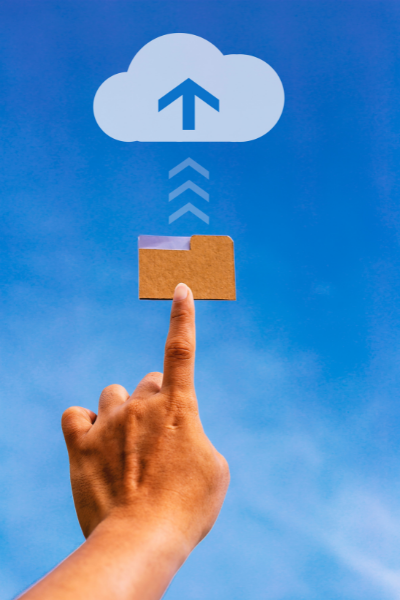 An image of a file folder in the sky, depicting digital cloud file storage.