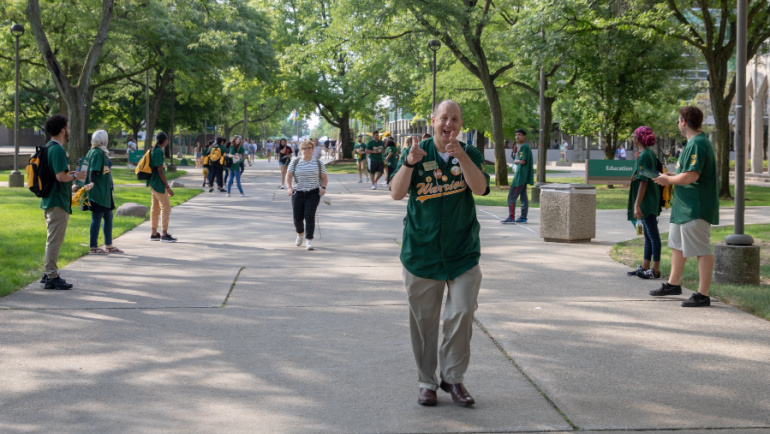 Dean of Students David Strauss walks on Wayne State's campus.