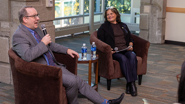 Acting director Rob Shriver and event moderator Sharon Lean, Ph.D., associate professor and chair of the Department of Political Science, discussed a wide range of job and internship possibilities available to college students and recent graduates.