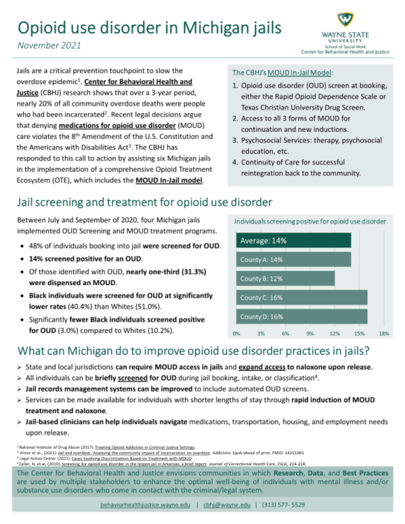 screenshot of opioid use disorder in Michigan jails policy brief