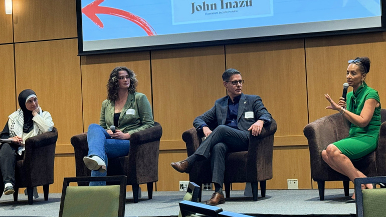 Members of the Irvin D. Reid Honors College, including Assistant Professor Layla Saatchi, student Emma Teri, and Dean John Corvino, engage in discussion with College of Education Dean Denise Taliaferro Baszile.