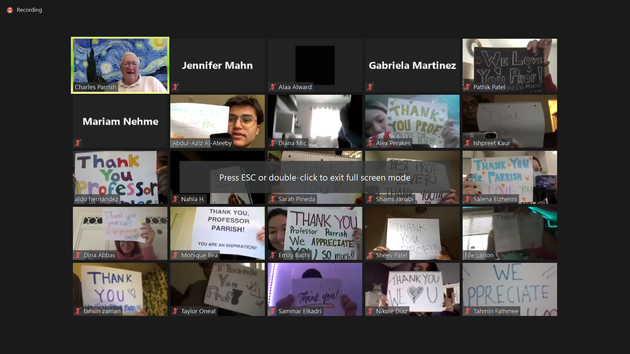 Students with thank you messages on Zoom