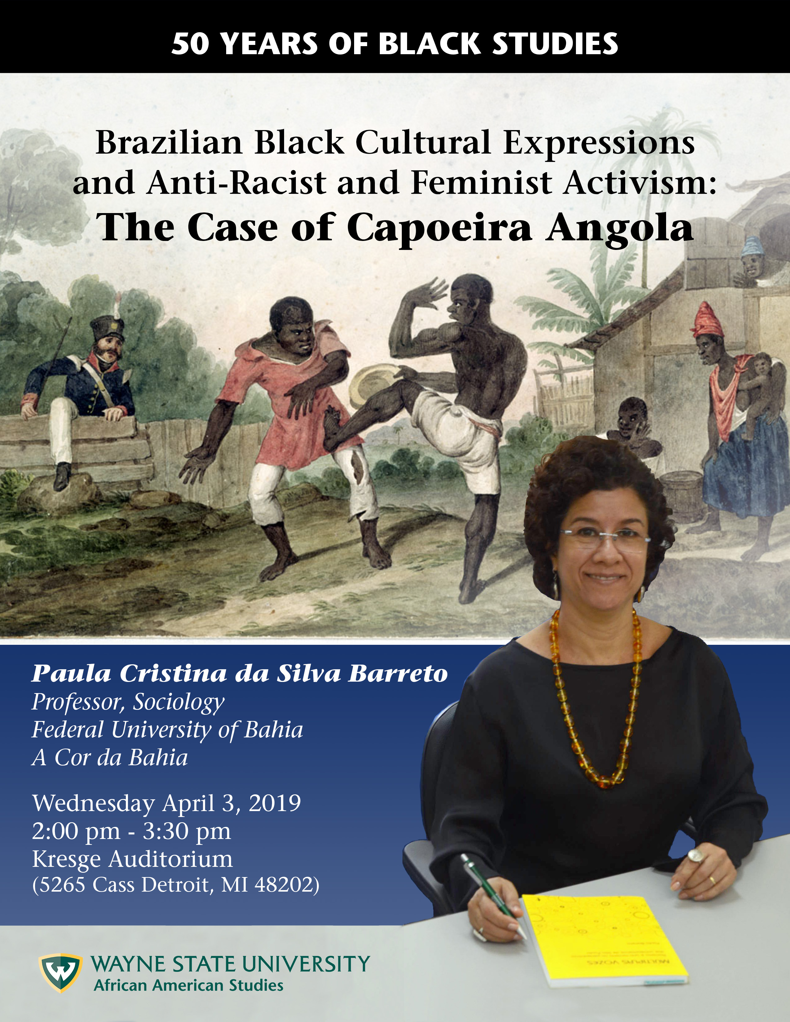 Flyer featuring Professor Paula Barreto. Background image of two people performing capoeira with onlookers around them.