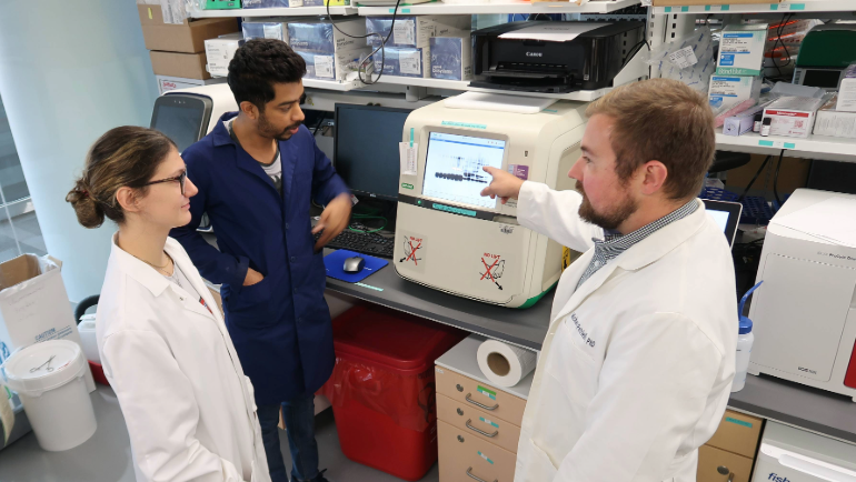 Dr. Petriello and trainees Hashan Jayarathne and Brooklyn Murray visualize and discuss protein expression in PFAS exposed mice.