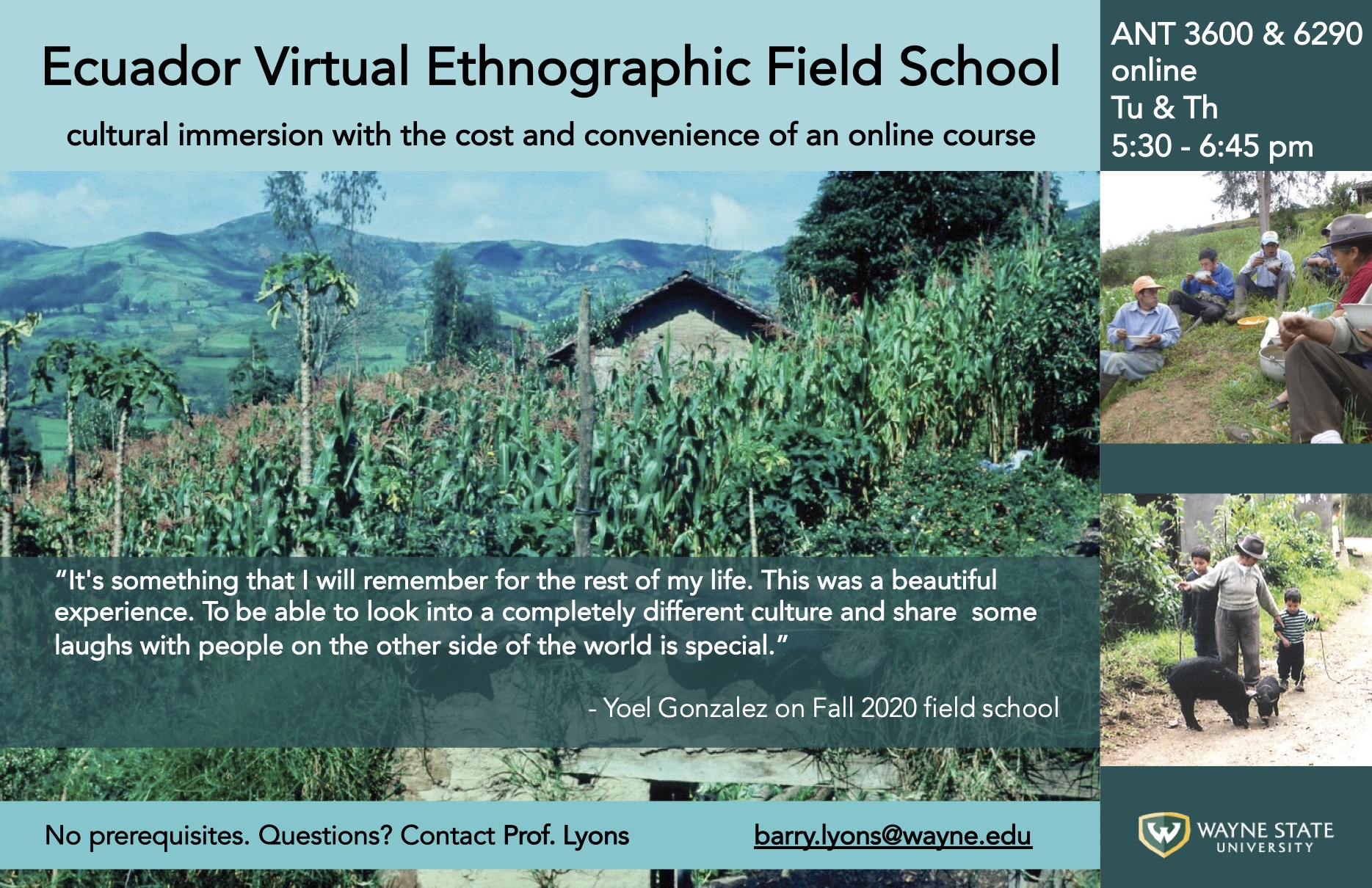Ecuador Virtual Ethnographic Field School Anthropological field school with the cost and convenience of an online course  If interested contact Dr. Barry Lyons barry.lyons@wayne.edu  Course Description  ANT 3600 and 6290 3 Credit Course  Jan. 11 - May 3 Class meets on Zoom Tu & Th 5:30-6:45 ET  This course taught online from Ecuador, immerses students virtually in the culture of an Andean village. Students connect with villagers through Zoom and WhatsApp, practicing language skills while learning about rural livelihoods and sustainability in the context of climate change and globalization. Develop anthropological research skills, analyze economic and environmental challenges in rural Latin America, improve Spanish language skills, explore and meet requirements in anthropology, global studies, Spanish, Latin American studies, undergraduate and graduate levels. Prerequisites: At least Intermediate-level Spanish fluency & instructor permission.  Contact barry.lyons@wayne.edu  Location  San Vicente de Bolí­var is a Spanish-speaking village in the Andes mountains, at 8,000 feet above sea level. Farmers in San Vicente grow corn on modest plots they own or sharecrop. They face multiple challenges including low prices for their corn, declining agricultural fertility, new crop diseases, dependence on expensive and harmful chemical fertilizers and pesticides, and disruptions to normal weather patterns associated with climate change. Our research aims to understand the social and cultural dimensions of these challenges and ultimately help to develop economically and environmentally sustainable responses.