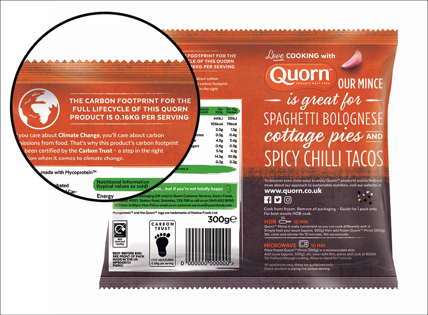 bag of quorn minced meat with carbon footprint statement