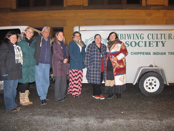 Chippewa Repatriation Delegation leaves Gordon L. Grosscup Museum in Old Main, WSU with ancestral human remains on December 9, 2013 [left to right Charmaine Shawana, Brenna Moloney, William Johnson, Krysta Ryzewski, Charla Cummings, Shannon Martin and Ruby MeShawboose