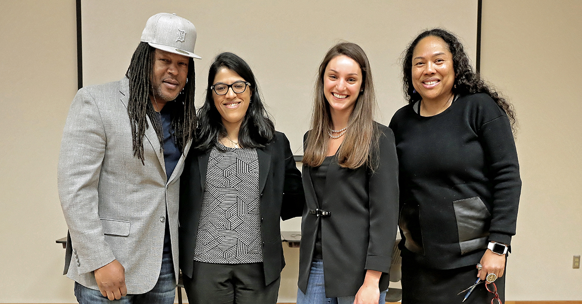 From left, Shaka Senghor, Husnah Khan, Madeline Sinkovich and Assistant Professor Blanche Cook after the March 7 event at Wayne State University.