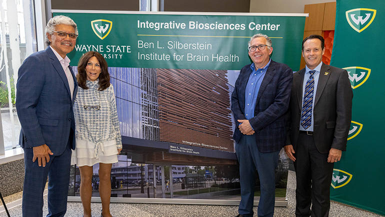 WSU President M. Roy Wilson, Seema Boesky, David Rosenberg, M.D., and Steve Henrie celebrate the establishment of the Ben L. Silberstein Institute for Brain Health.