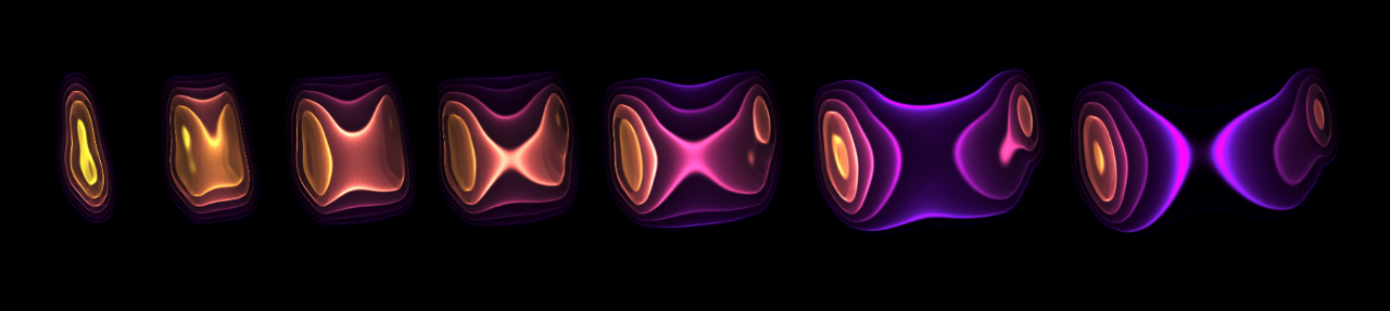 Energy density (yellow is high; purple is low) at different times during the hydrodynamic evolution of matter created in a collision of a lead ion (moving to the left) with a photon emitted from another lead ion (moving to the right)