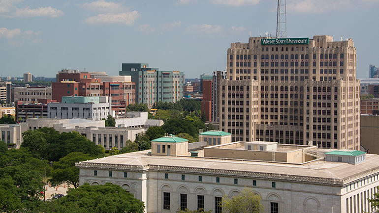 Skyline over the Wayne State University campus