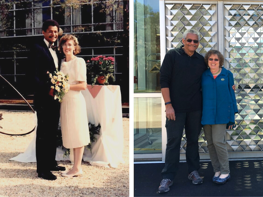 SIS alumna Martha Sneed and her husband Horace at their 1988 wedding at WSU's McGregor Memorial Conference Center and during a visit to the building in 2019.