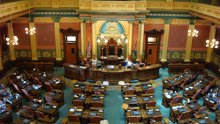 A view from the balcony of the senate floor inside the Michigan capitol, where in 1993 the chamber was equally divided — 55 Democrats and 55 Republicans.
