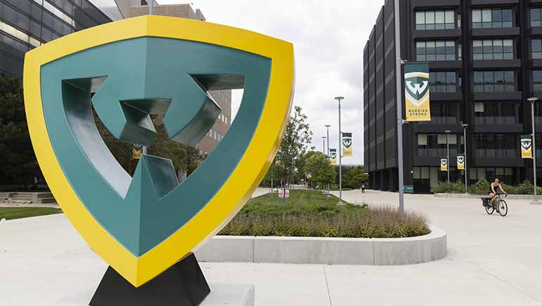 Wayne State's campus in Midtown Detroit, the W shield and STEM building.