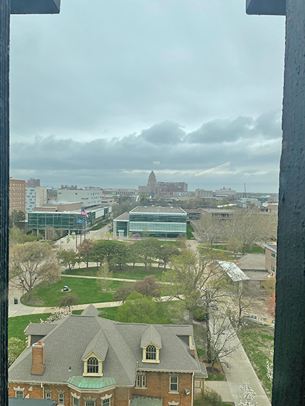 Panoramic view of downtown Detroit from the seventh floor of Wayne State’s STEM building.