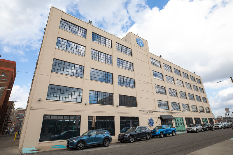 An exterior photo of the TechTown Detroit headquarters in Detroit