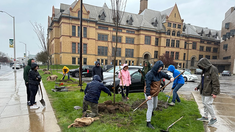 Students planting trees outside of Old Main on Wayne State's campus.