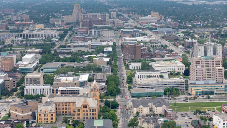 Aerial shot of Wayne State's campus.