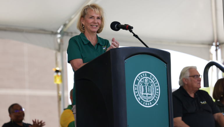 Wayne State University President Kimberly Andrews Espy, Ph.D. delivers a speech at New Student Convocation. 
