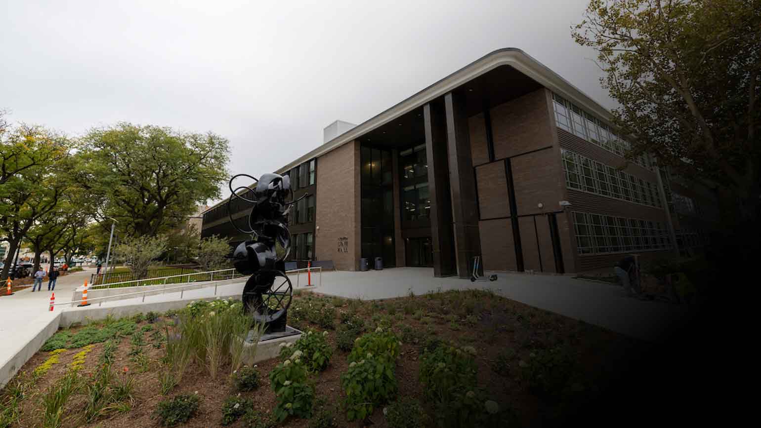 A sculpture, part of the Wayne State University art walk tour, in front of M. Roy Wilson State Hall.