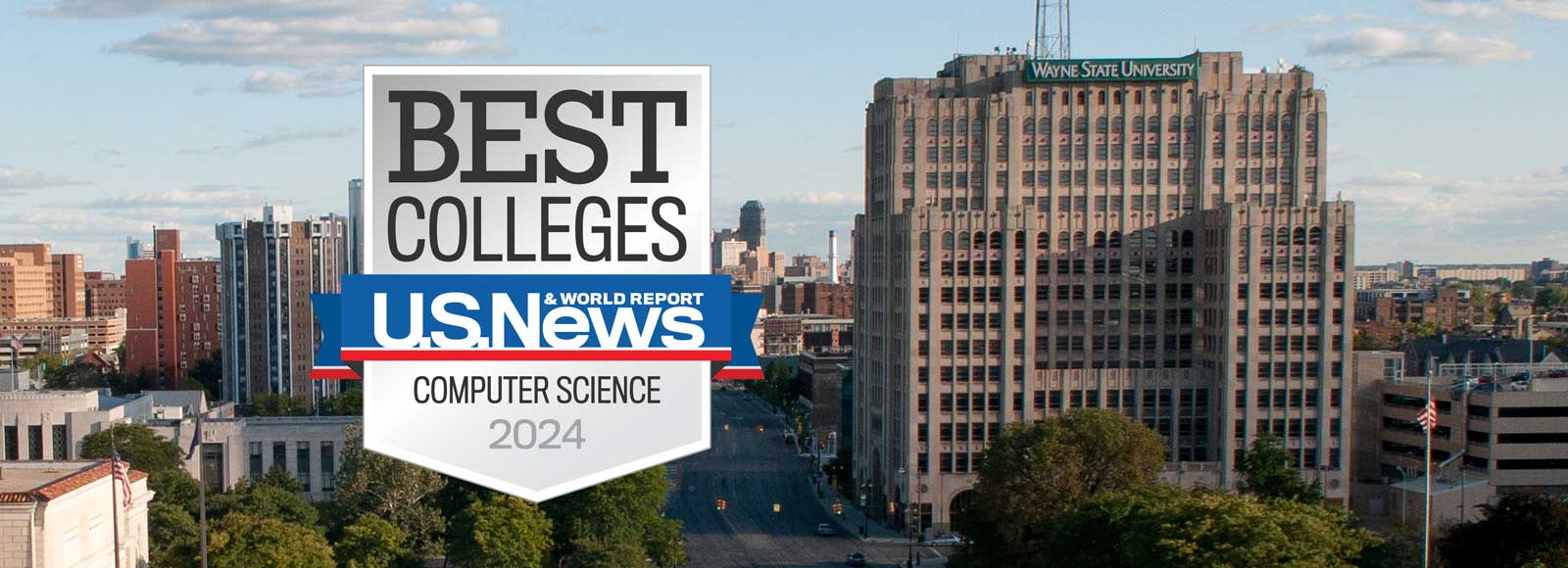 Photo of Detroit skyline with WSU building and US News and World Report Best Colleges logo