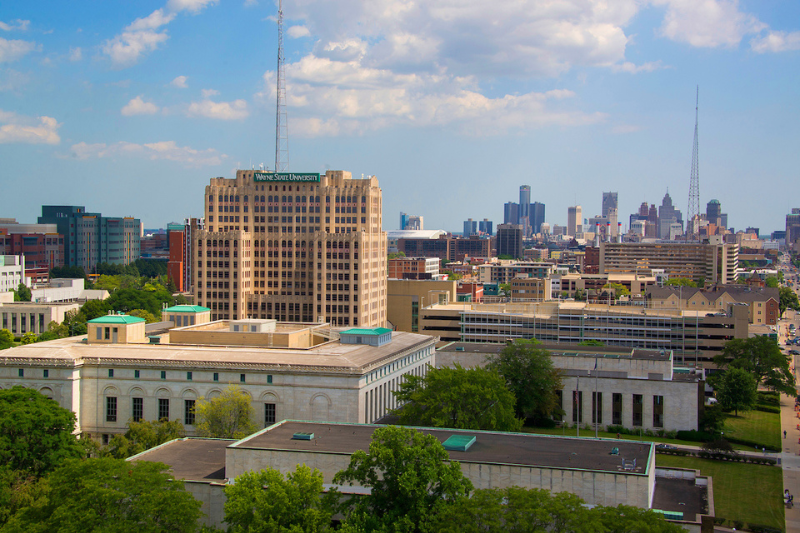 An aerial shot of part of the Wayne State University campus in Detroit