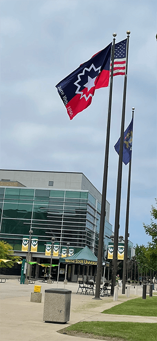 The Juneteenth flag flies above the Student Center Building.