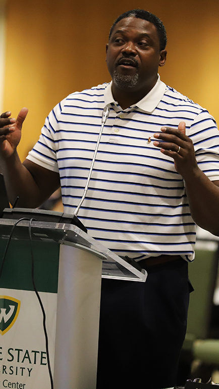 New football coach Tyrone Wheatley talked at the Board of Governors meeting in June. The former All-American running back spoke about the importance of being an ambassador for the university and an advocate for student-athletes.