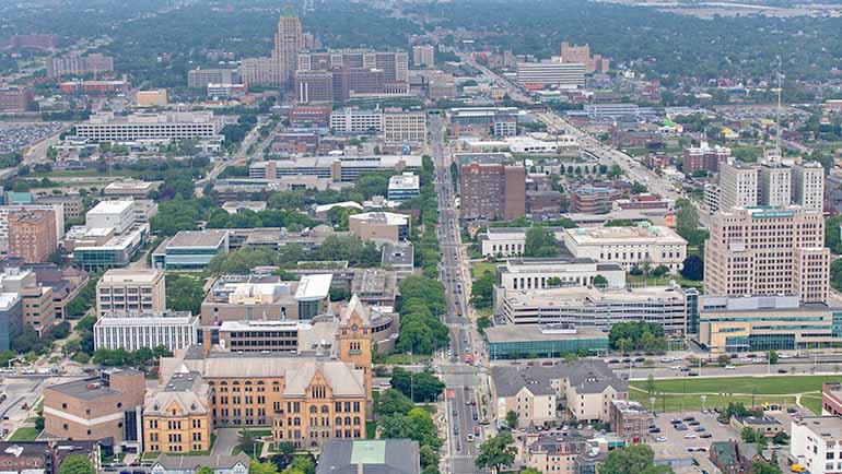 Aerial view of Midtown Detroit, Wayne State's campus on a sunny day.