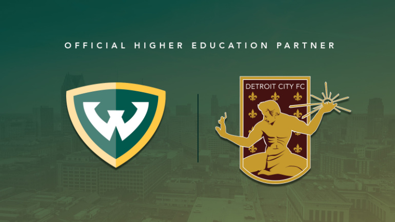 The Wayne State University and Detroit City Football Club logos.