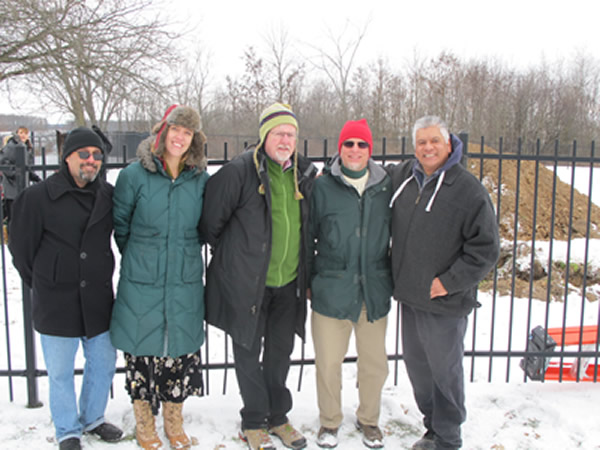 Wayne State Anthropology Delegation at Saginaw Chippewa Burial site in Mt. Pleasant, Michigan on December 13 (left to right: Chris Papalas, Brenna Moloney, Tom Killion, Dan Harrison and William Johnson [curator, Zebiiwing Center for of Anishinabe Culture and Lifeways in Mt. Pleasant])